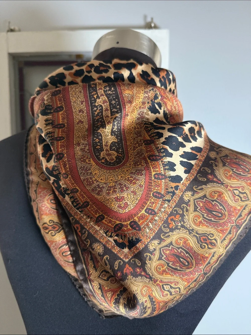 Vintage Silk Scarf Leopard & Paisley Print Square Scarf Brown Gold Accessory